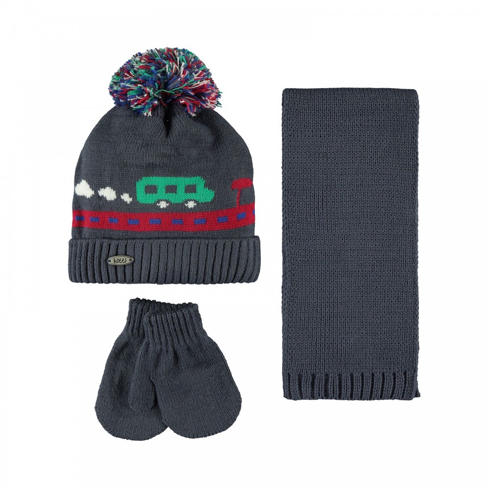 Kitti Kids Boys Παιδικό Σετ Σκουφάκι, Γάντια και Κασκόλ 1-4 Χρονών Γκρι