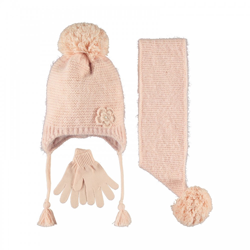 Kitti Kids Girls Παιδικό Σετ Σκουφάκι, Γάντια και Κασκόλ 9-15 Χρονών Πούδρα